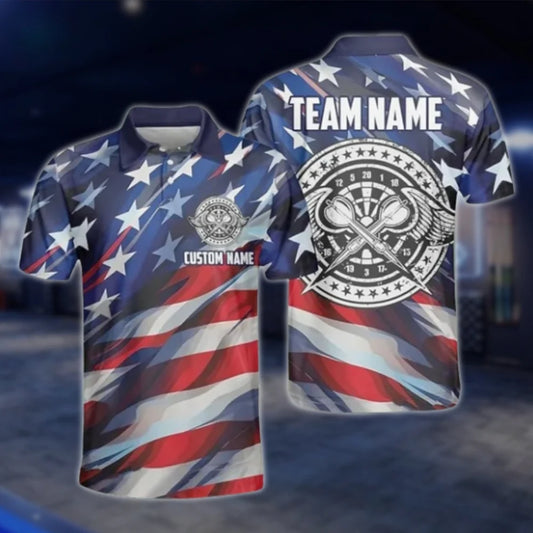 American Flag Custom Mens Darts Polo Shirt, Custom Patriotic Dart Team Shirts DAT0409