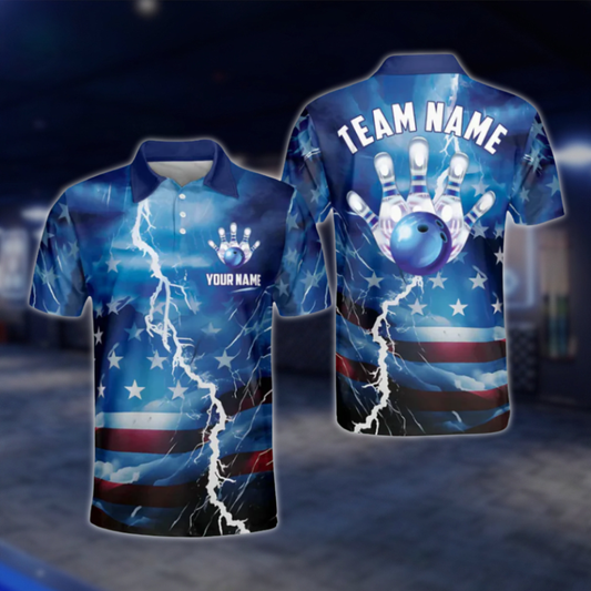 Custom USA Flag Blue Bowling Polo Shirts For Men, Custom Patriotic Bowling Team Shirts BO0380 BOW0447