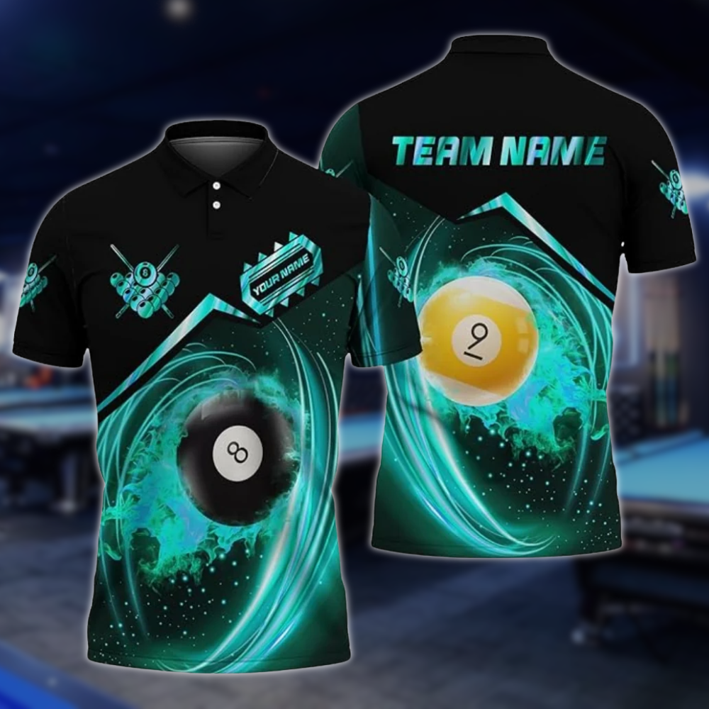 Custom Cyan Flame Billiard Polo Shirt Mens, Custom Flame Pool Billiard Team Shirts BLD0268