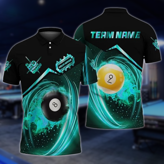 Custom Cyan Flame Billiard Polo Shirt Mens, Custom Flame Pool Billiard Team Shirts BLD0268