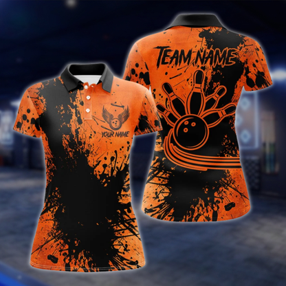 Personalized Women Orange And Black Polo Bowling Team Shirts, Custom Bowling Team ShirtsFor Ladies BZ0736 BOW0183