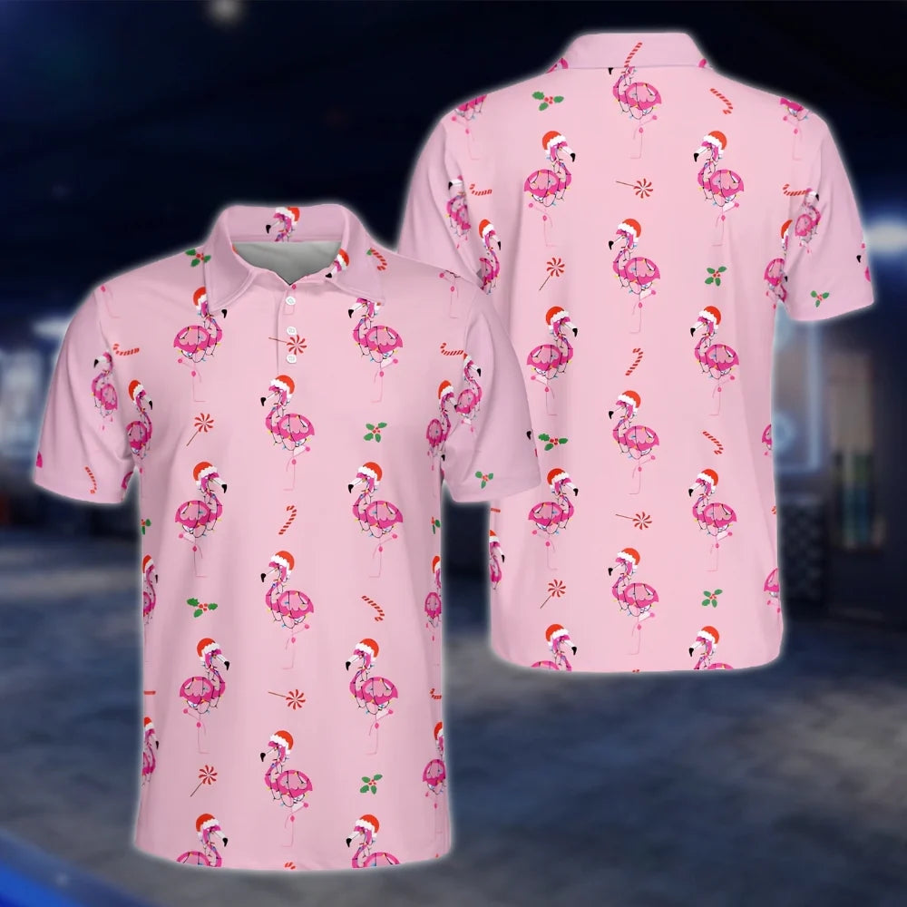 Flamingo Christmas Hat Golf Mens Polo Shirt, Flamingo Xmas Golf Shirt GOF0153