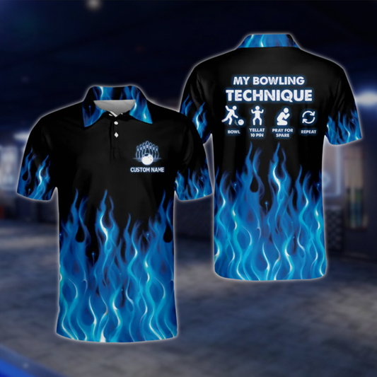 Custom My Bowling Technique Blue Flame Bowling Mens Polo Shirt, Custom Funny Flame Bowling Shirts BM0019 BOW0332