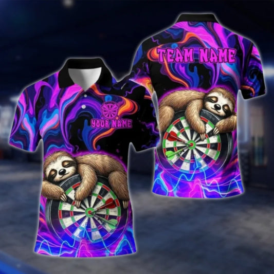 Custom Sloth Neon Purple Dart Mens Polo Shirt, Custom Sloth Darts Team Shirt DAT0313