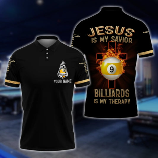 Jesus Is My Savior Billiards Is My Therapy Custom Flame 9 Ball Billiard Polo Shirt Men, Custom Christian 9 Ball Billiard Shirts BLD0034