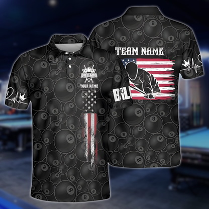 Custom American Flag 8 Ball Black Billiard Men Polo Shirts, Custom Patriotic Pool Billiard Team Shirts BLD0299