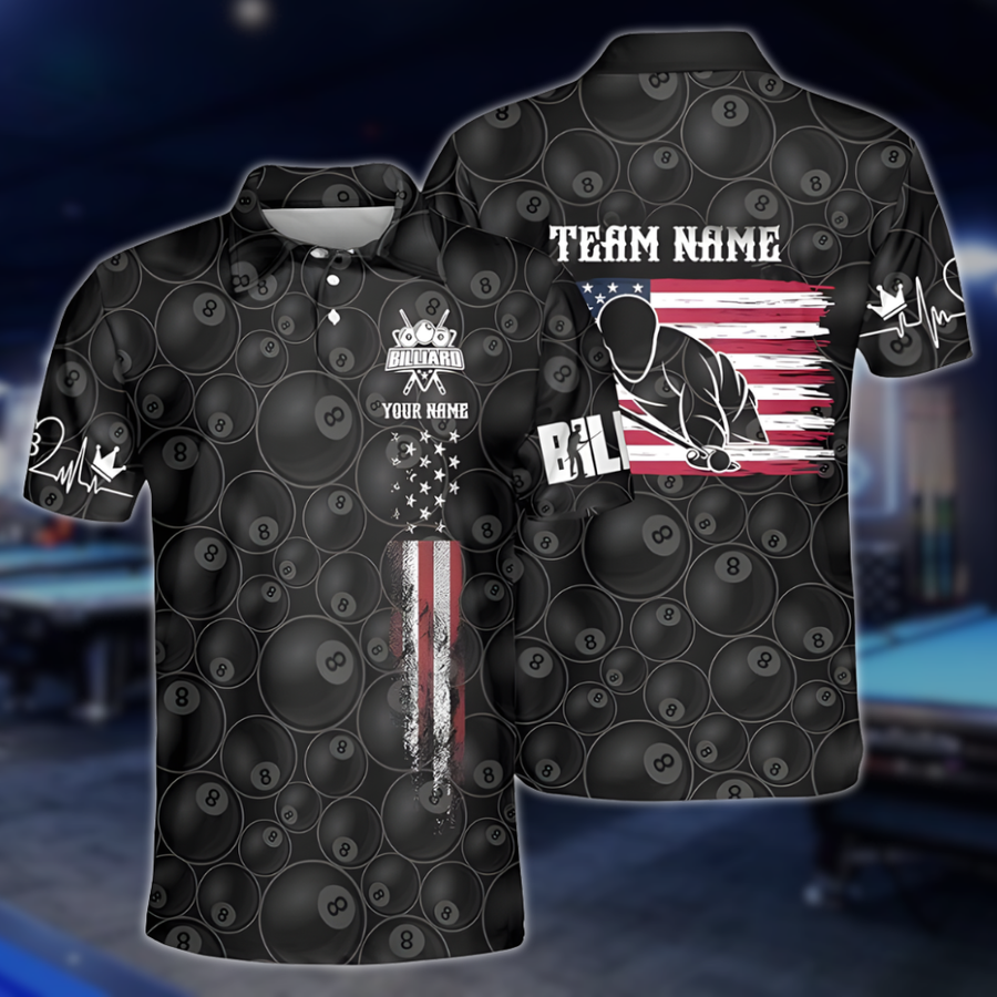 Custom American Flag 8 Ball Black Billiard Men Polo Shirts, Custom Patriotic Pool Billiard Team Shirts BLD0299