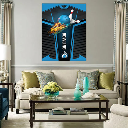 The Blue Bowling Ball In Flames Breaks White Skittles Graphic Printed Vertical Canvas Bowl Game Living Room Decor Gift For Bowlers ORN0130