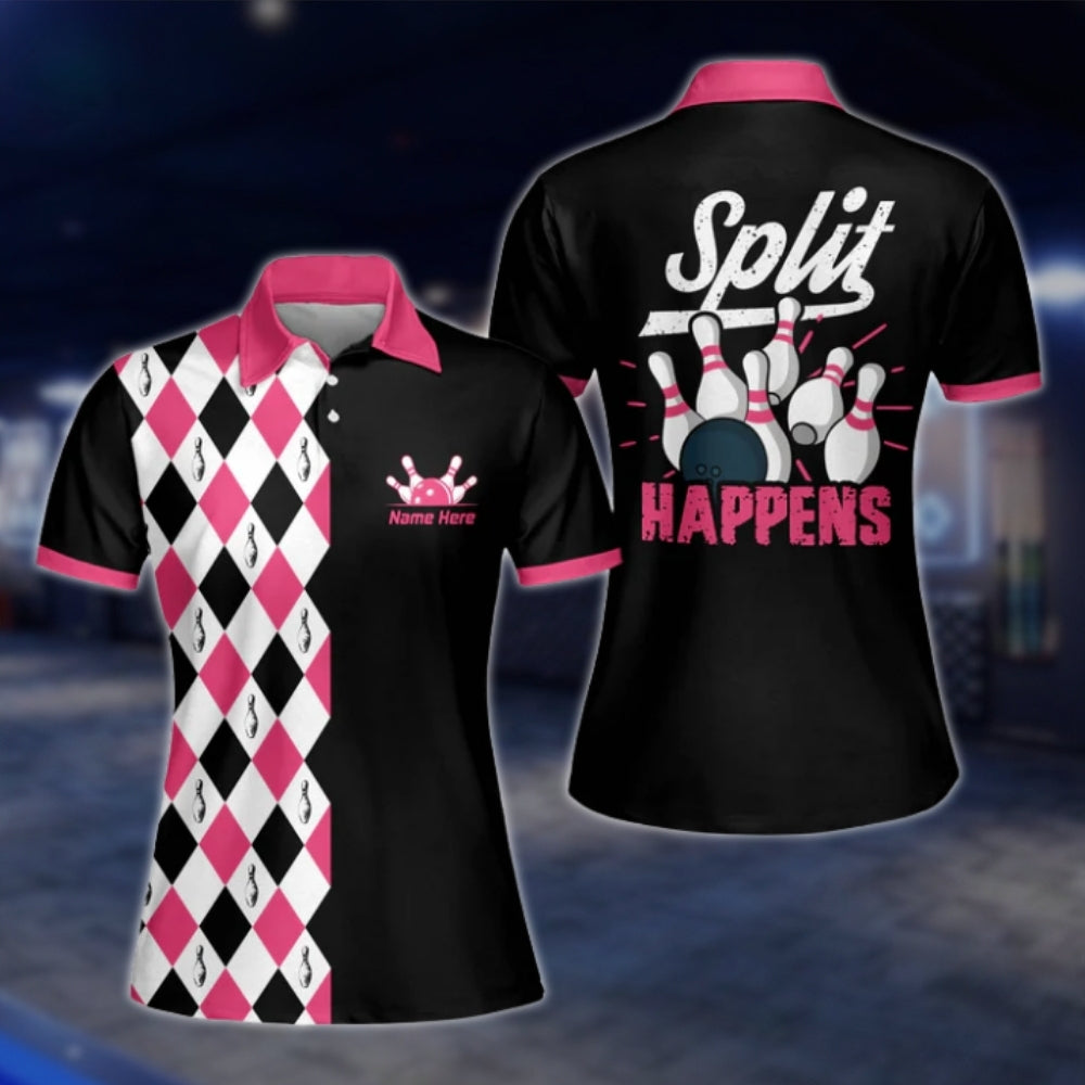 Split Happens Custom Argyle Pink Black Womens Bowling Polo Shirt, Custom Funny Bowling Shirt For Ladies BW0090 BOW0243