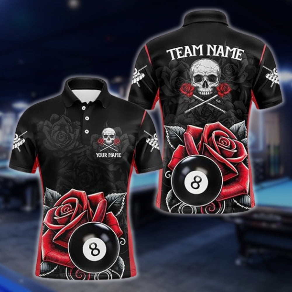 Custom Men's Skull Rose 8 Ball Billiard Polo Shirt, Custom Skull Billiard Team Shirts BLD0053