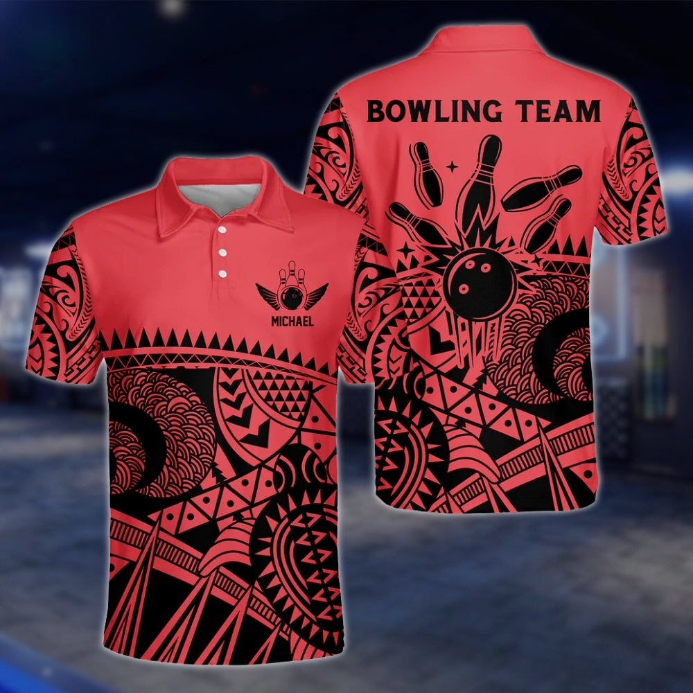 Men's Custom Black And Red Tribal Bowling Polo Shirt, Custom Tribal Bowling Team Shirts BZ0203 BOW0482