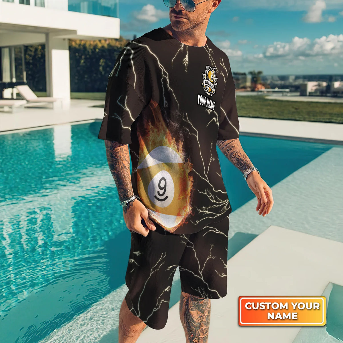 Billiard 9 Ball Fire Flame Club Custom Name 3D Short Sleeve T-Shirt Men's Board Shorts ORN0300