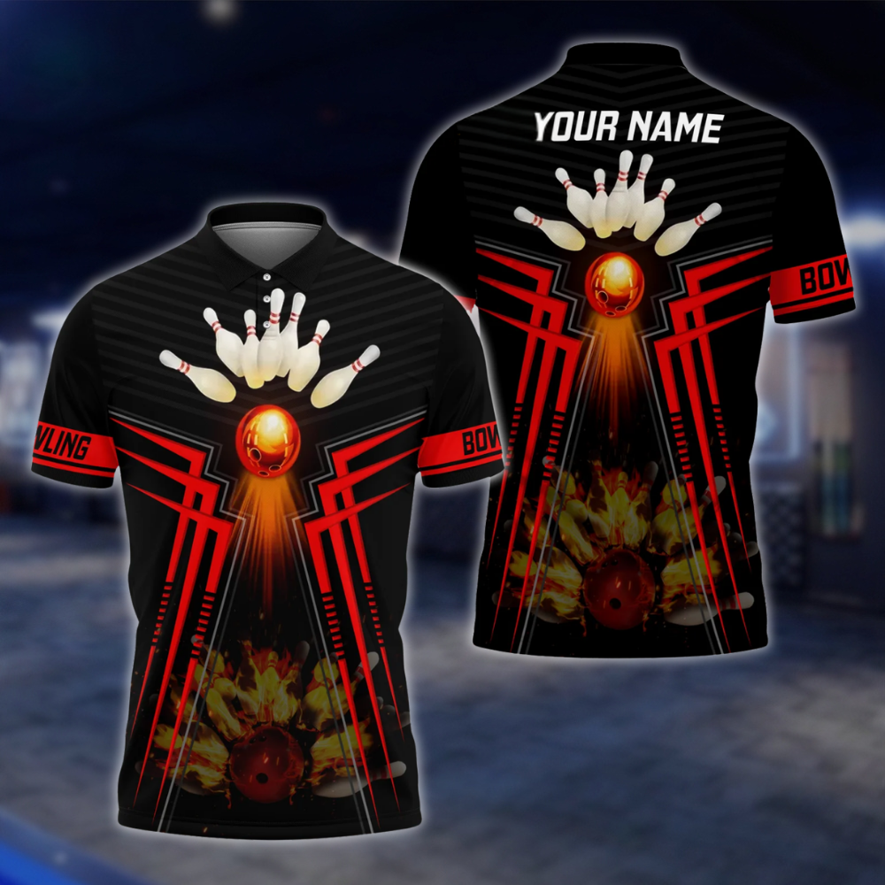 Personalized Flame Bowling Polo Shirt Men Black And Red, Custom Flame Bowling Shirt With Name BZ0748 BOW0171