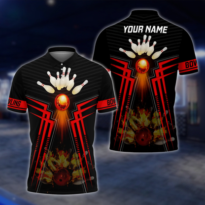 Personalized Flame Bowling Polo Shirt Men Black And Red, Custom Flame Bowling Shirt With Name BZ0748 BOW0171