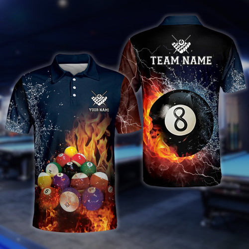 Custom Water Flame Billiard Men's Polo Shirt, Custom Flame Pool Billiard Team Shirts BLD0087