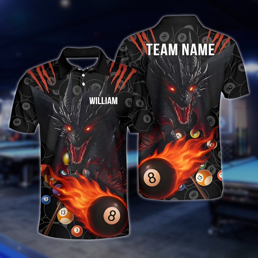 Custom Dragon Flaming 8 Ball Billiard Men Polo Shirt, Custom Dragon Billiard Shirts For Team BLD0273