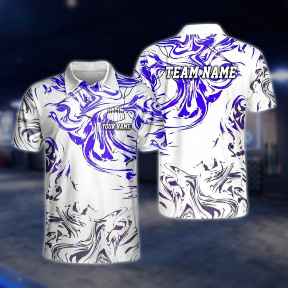 Custom Team Purple White Abstract Bowling Mens Polo Shirt, Custom Bowling Team Shirts BZ0480 BOW0409