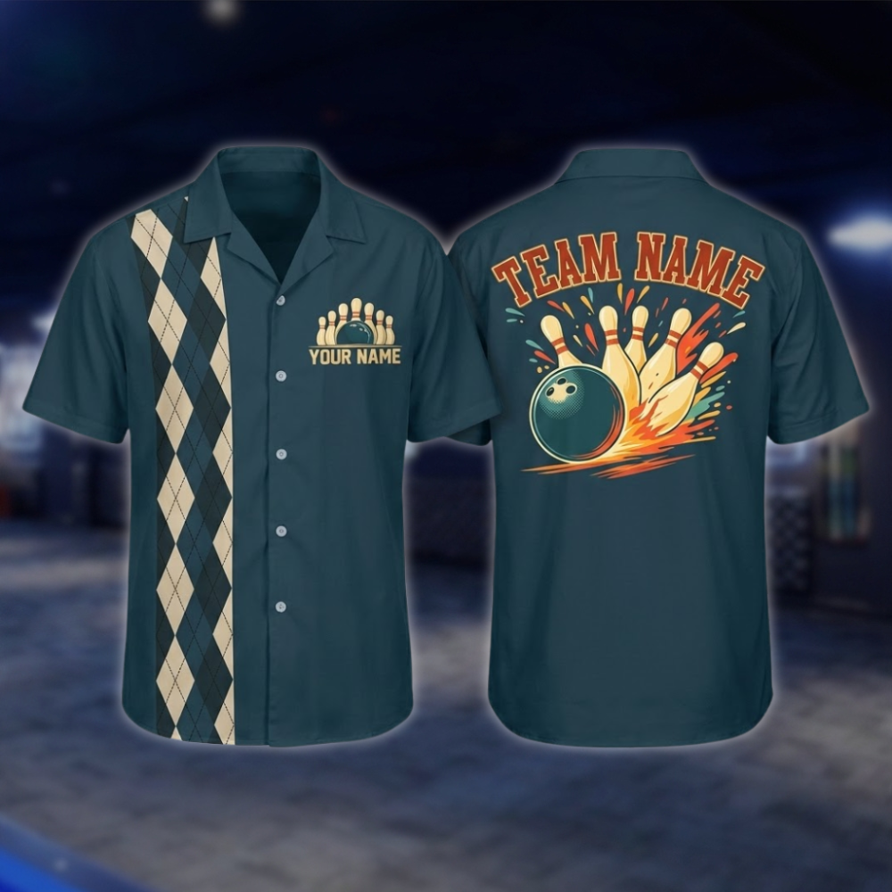 Personalized Argyle Navy Retro Bowling Hawaiian Shirt For Men, Custom Retro Bowling Shirt For Team BZ0797 BOW0152