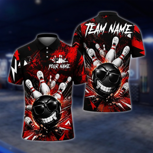 Personalized Funny Ball Men's Red Black Bowling Polo Shirt, Custom Team Funny Bowling Shirt BZ0919 BOW0022