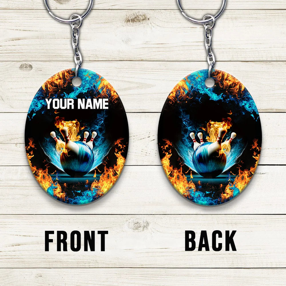 Blue Bowling Ball And Pins On Fire Personalized Name 3D Keychain ORN0178