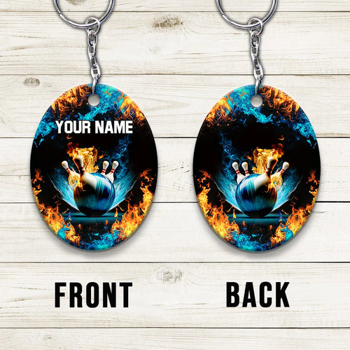 Blue Bowling Ball And Pins On Fire Personalized Name 3D Keychain ORN0178