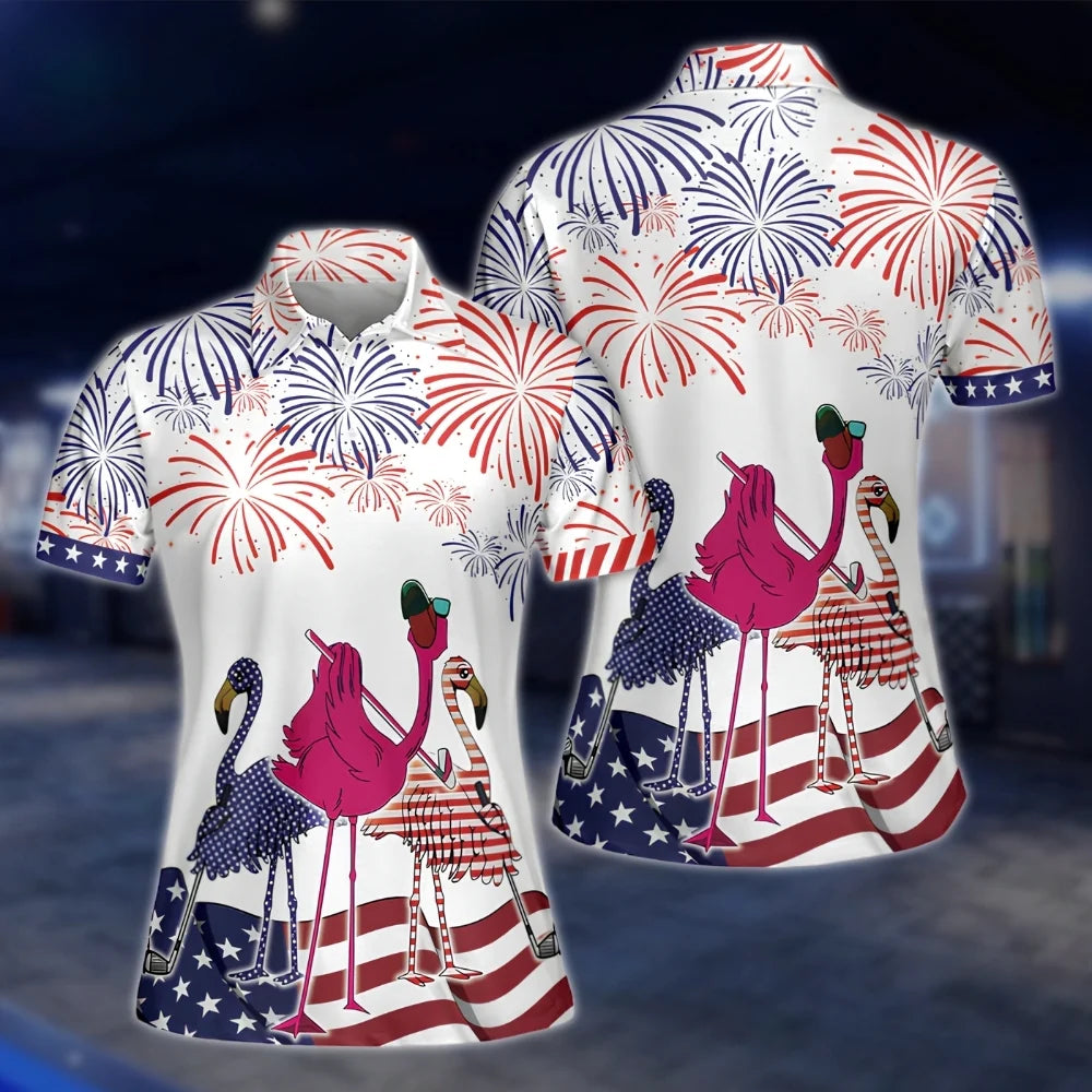 Flamingo Firework American Flag Golf Polo Shirts For Women, Ladies Flamingo Golf Shirts For Indepence Day GOF0268