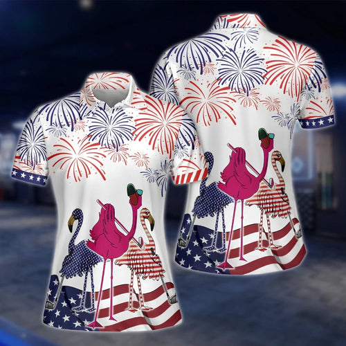 Flamingo Firework American Flag Golf Polo Shirts For Women, Ladies Flamingo Golf Shirts For Indepence Day GOF0268