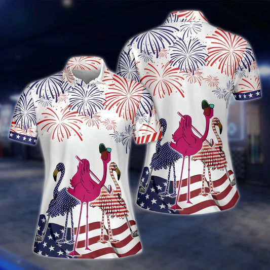 Flamingo Firework American Flag Golf Polo Shirts For Women, Ladies Flamingo Golf Shirts For Indepence Day GOF0268