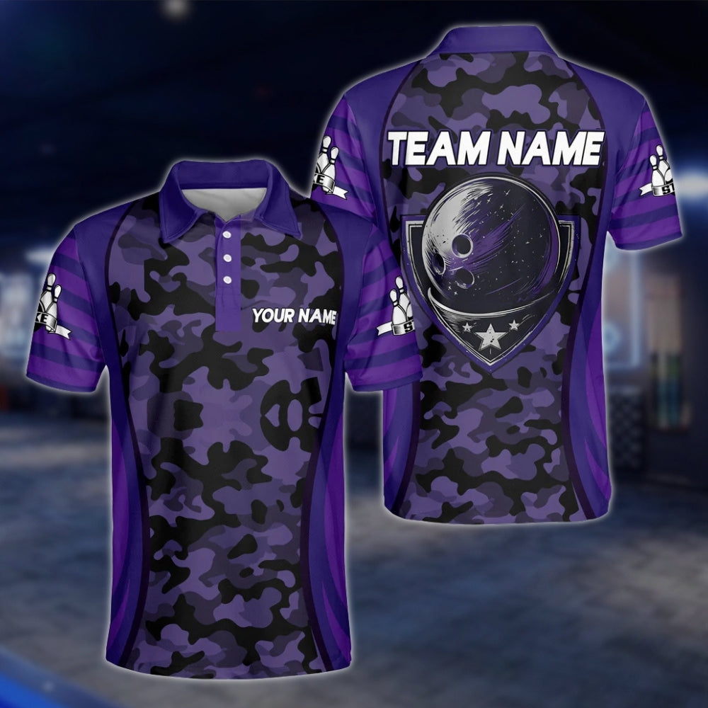 Custom Camo Purple Black Bowling Polo Shirt, Custom Camo Bowling Team Shirts BM0309 BOW0203