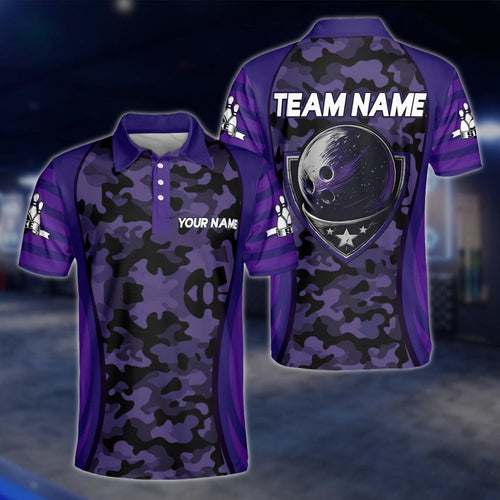 Custom Camo Purple Black Bowling Polo Shirt, Custom Camo Bowling Team Shirts BM0309 BOW0203