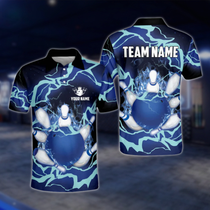 Custom Flame Thuder Men's Blue Bowling Polo Shirt, Custom Flame Bowling Shirts For Team BO0359 BOW0299