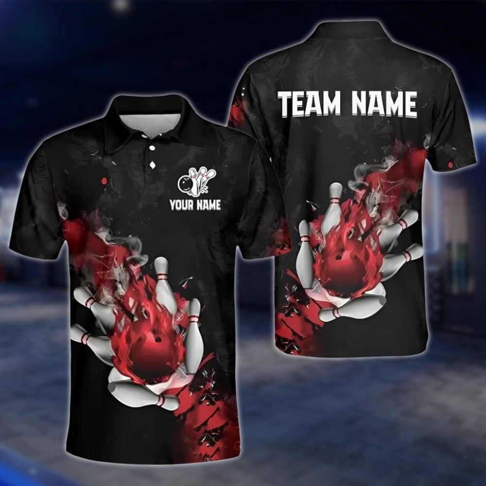 Custom Flaming Ball Bowling Polo Shirt For Mens, Custom Team Flame Bowling Shirts BZ0183 BOW0490