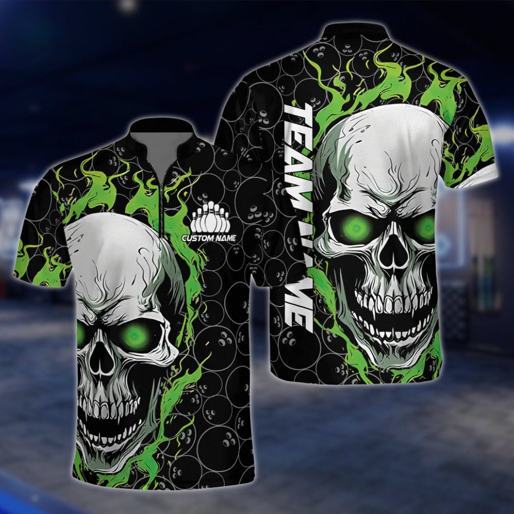 Skull Flaming Custom Green Black Bowling Mens Jersey, Custom Skull Bowling Shirts Team BZ0144 BOW0450