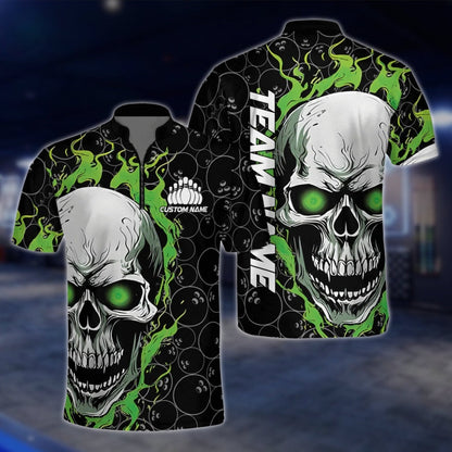 Skull Flaming Custom Green Black Bowling Mens Jersey, Custom Skull Bowling Shirts Team BZ0144 BOW0450