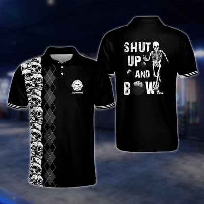 Shut Up And Bowl Custom Skeleton Black White Bowling Polo Shirt For Mens, Custom Skull Funny Bowling Shirts BM0124 BOW0200