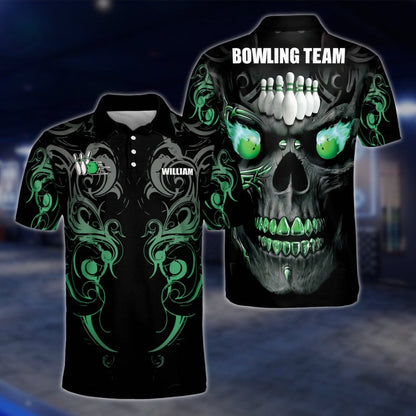 Custom Skull Green Black Bowling Mens Polo Shirt, Custom Skeleton Bowling Team Shirts BZ0188 BOW0261