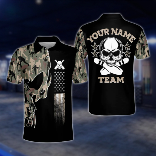 Personalized Camouflage Skull Polo Bowling Team Shirts For Men, Custom Skull Bowling Shirt BM0119 BOW0427
