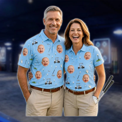 Custom Photo Couple Matching Golf Polo Shirts, Custom Face Golf Shirts For Men Women GOF0066