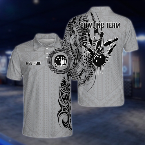 Custom Tribal Grey Black Bowling Mens Polo Shirt, Custom Tribal Bowling Team Shirts BZ0205 BOW0277