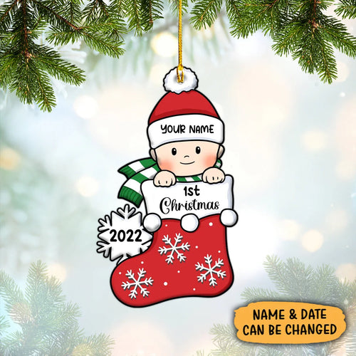 Baby's First Christmas, Stocking Ornament, Christmas Shaped Ornament, Custom Gift for Baby Red ORN0084