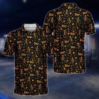 Skeleton Orange Black Halloween Golf Polo Shirt For Men, Halloween Golf Shirt GOF0022