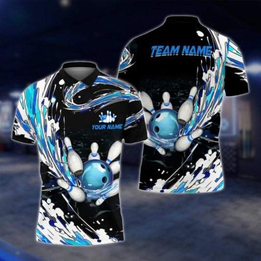 Custom Flame Blue White Black Bowling Mens Polo Shirt, Custom Flame Bowling Team Shirts BO0206 BOW0402