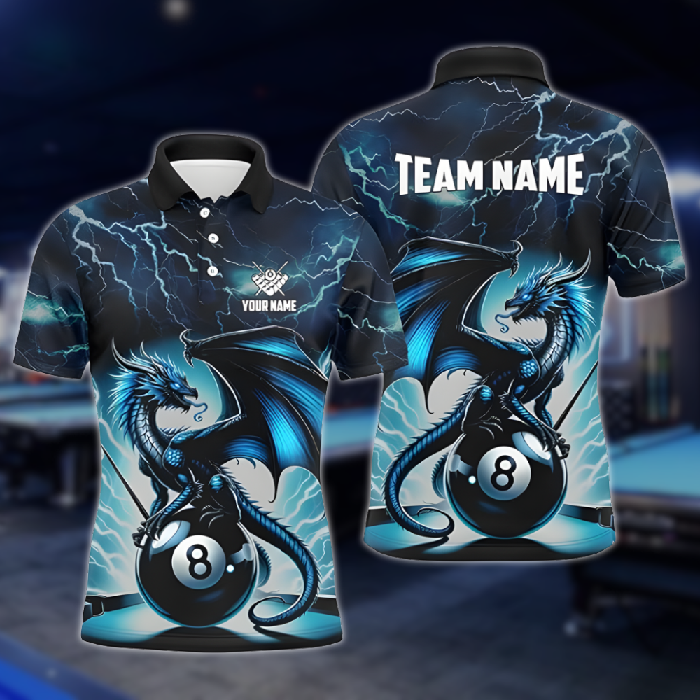 Custom Blue Thunder Dragon Billiard Polo Shirt For Men, Custom Dragon Billiard Team Shirts BLD0241