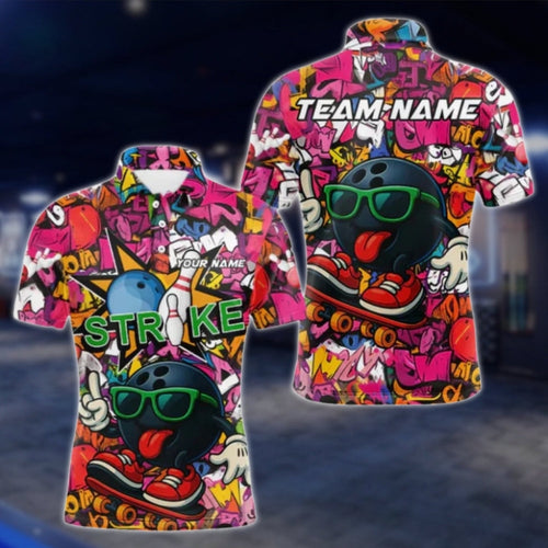 Custom Funny Ball Graffiti Bowling Mens Polo Shirt, Custom Team Graffiti Bowling Shirts BE0180 BOW0475