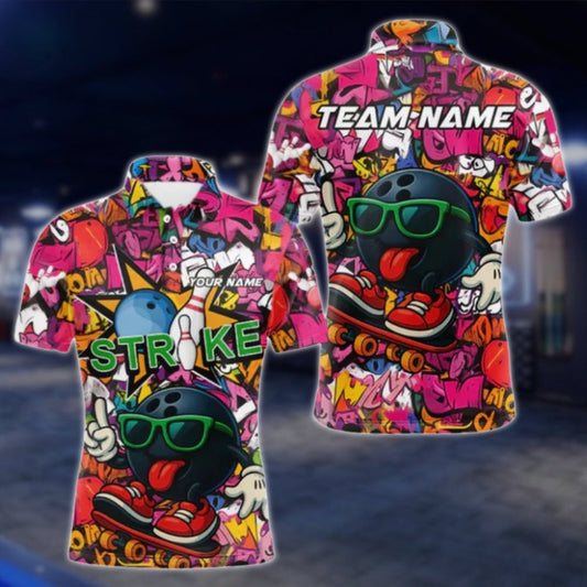 Custom Funny Ball Graffiti Bowling Mens Polo Shirt, Custom Team Graffiti Bowling Shirts BE0180 BOW0475