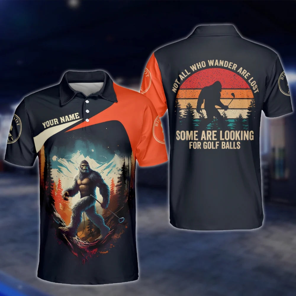 Custom Not All Who Wander Are Lost Some Are Looking For Golf Balls Men's Golf Polo Shirt Navy Orange, Custom Bigfoot Funny Golf Shirt GOF0100
