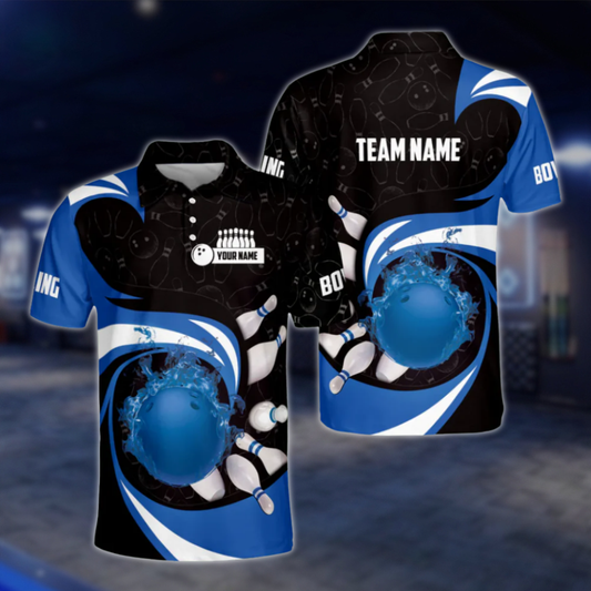 Personalised Blue Flame Ball Polo Bowling Team Shirts Men, Custom Team Flame Bowling Shirt BZ0181 BOW0422