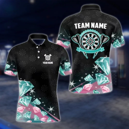 Custom Team Cyan Pink Diamond Dart Polo Shirt For Men, Custom Dart Shirts DAT0443