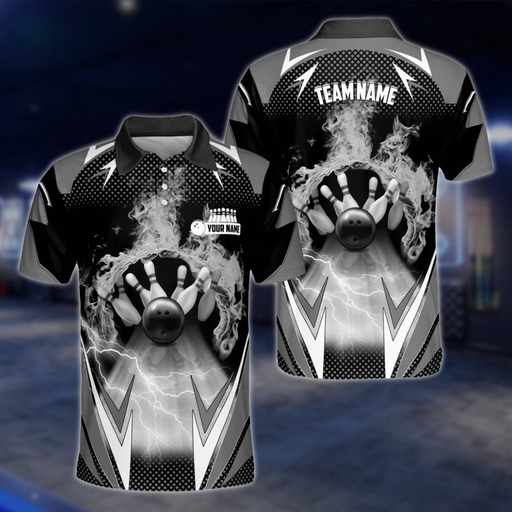 Custom Flame Black Grey Mens Bowling Polo Shirt, Custom Flame Bowling Team Shirts BZ0172 BOW0264