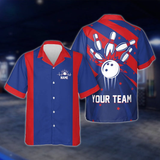 Custom Retro Red Blue Bowling Hawaiian Shirt For Men Women, Custom Team Retro Bowling Shirts BE0022 BOW0345